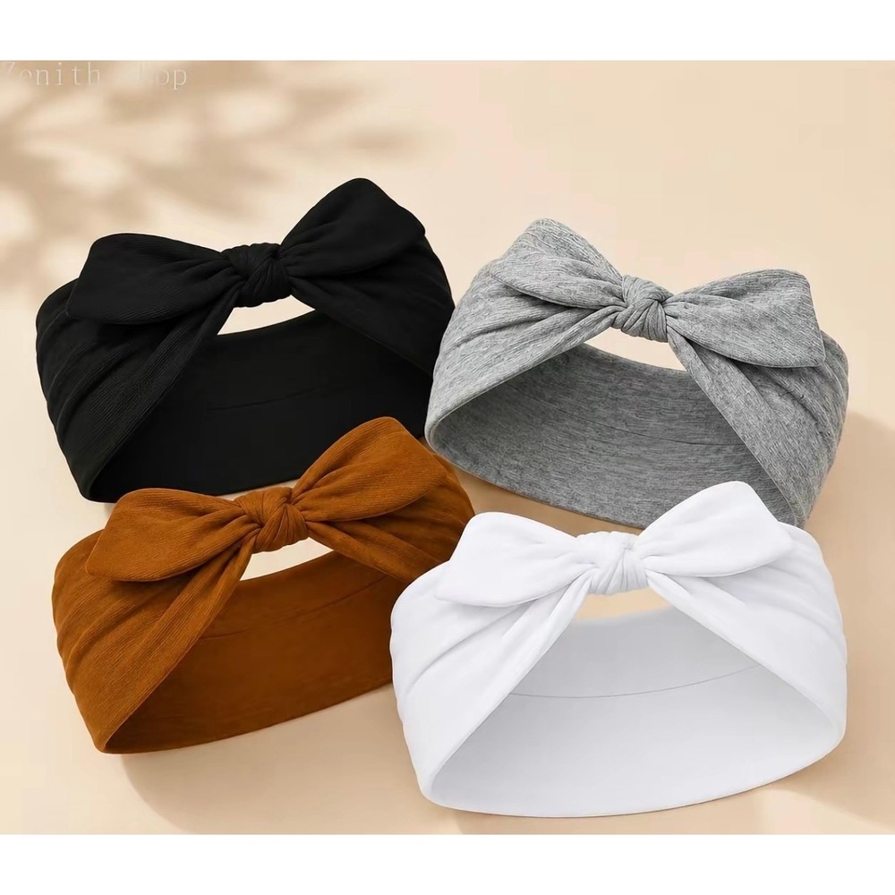 4 Pack Wide Bow Headband Stretchy Soft Jersey Hair Wrap Black Gray Brown White - Picture 4 of 5